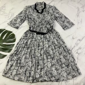 California Looks Womens Vintage 80s Shirt Dress Size 12 Gray Black Floral Pleats